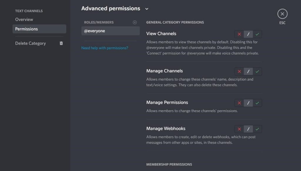 Advance permissions for categories on discord